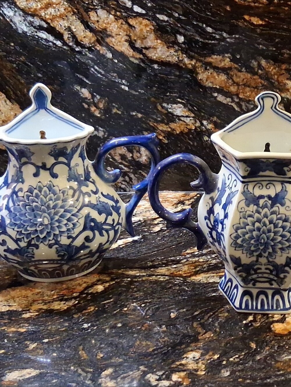 VINTAGE Blue and White Floral Ceramic Pitcher Pair - Home Art Ceramics